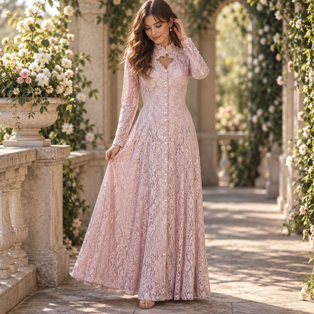 Vintage Lace Maxi Dress Size 5 Blush Pink Long Sleeve Keyhole Corset Coquette